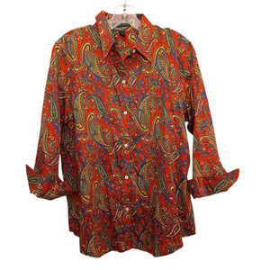Lauren Ralph Lauren Shirt Sz L Red Paisely Cuff Cotton Blouse Equestrian Sporty